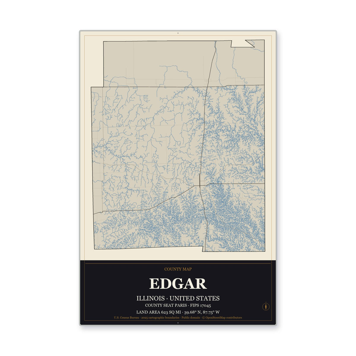 Edgar County, Illinois Map Aluminum Sign in Museum Plaque style
