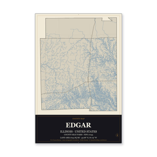 Edgar County, Illinois Map Aluminum Sign in Museum Plaque style
