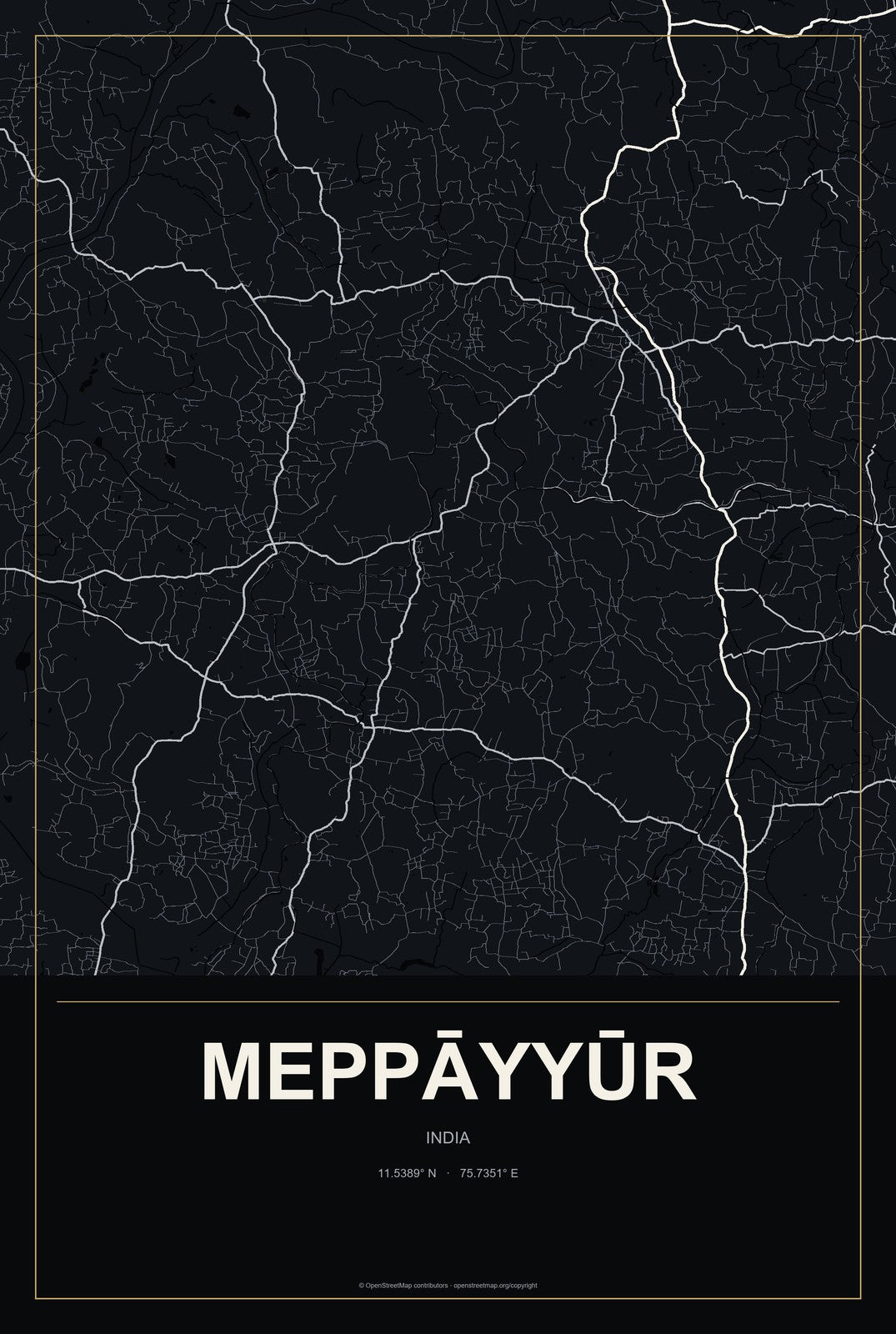 Meppāyyūr, India City Map Aluminum Sign in Metropolitan Noir style