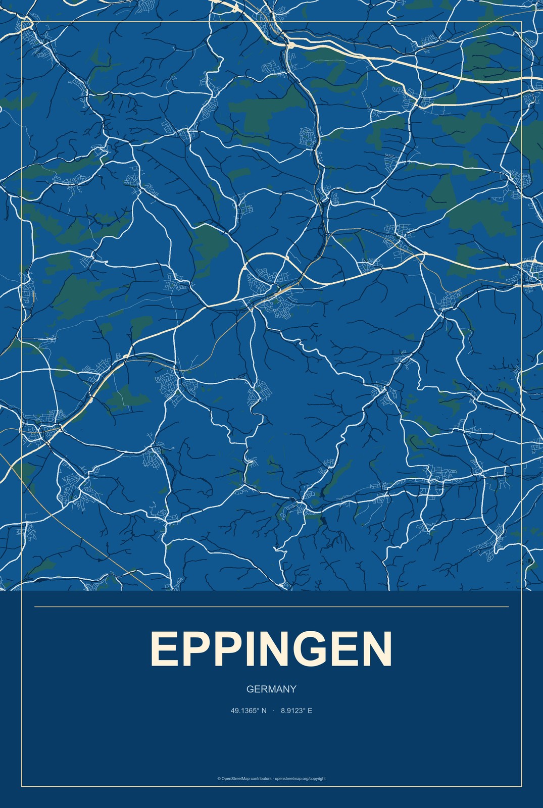 Eppingen, Germany City Map Aluminum Sign in Harbor Cobalt style