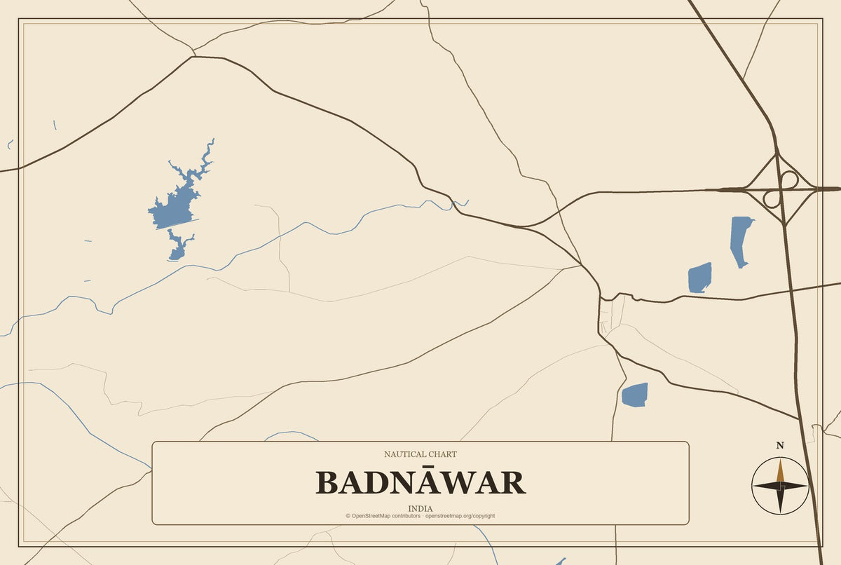Badnāwar, India City Map Aluminum Sign in Heritage Nautical style