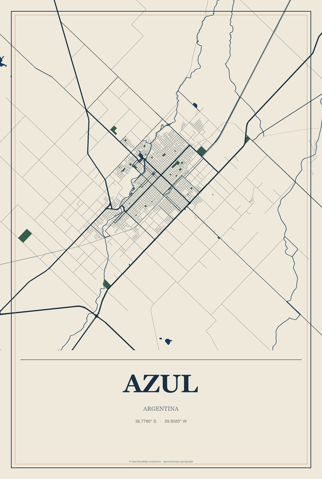 Azul, Argentina City Map Aluminum Sign in Coastal Cutout style