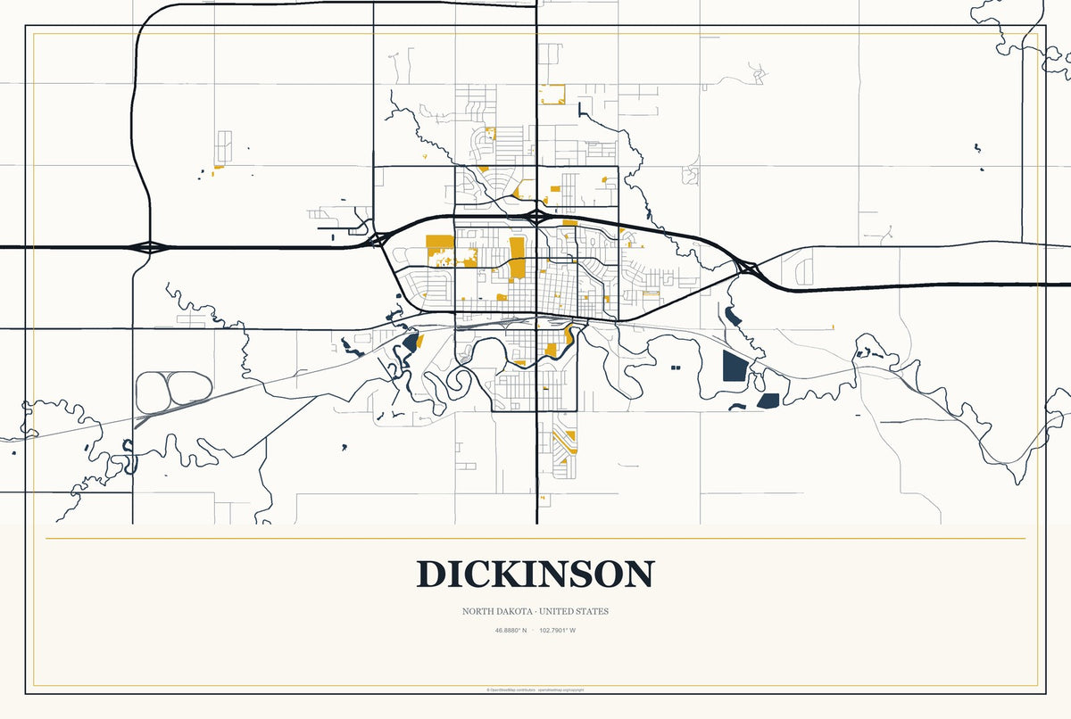 Dickinson, North Dakota City Map Aluminum Sign in Citrine Modern style