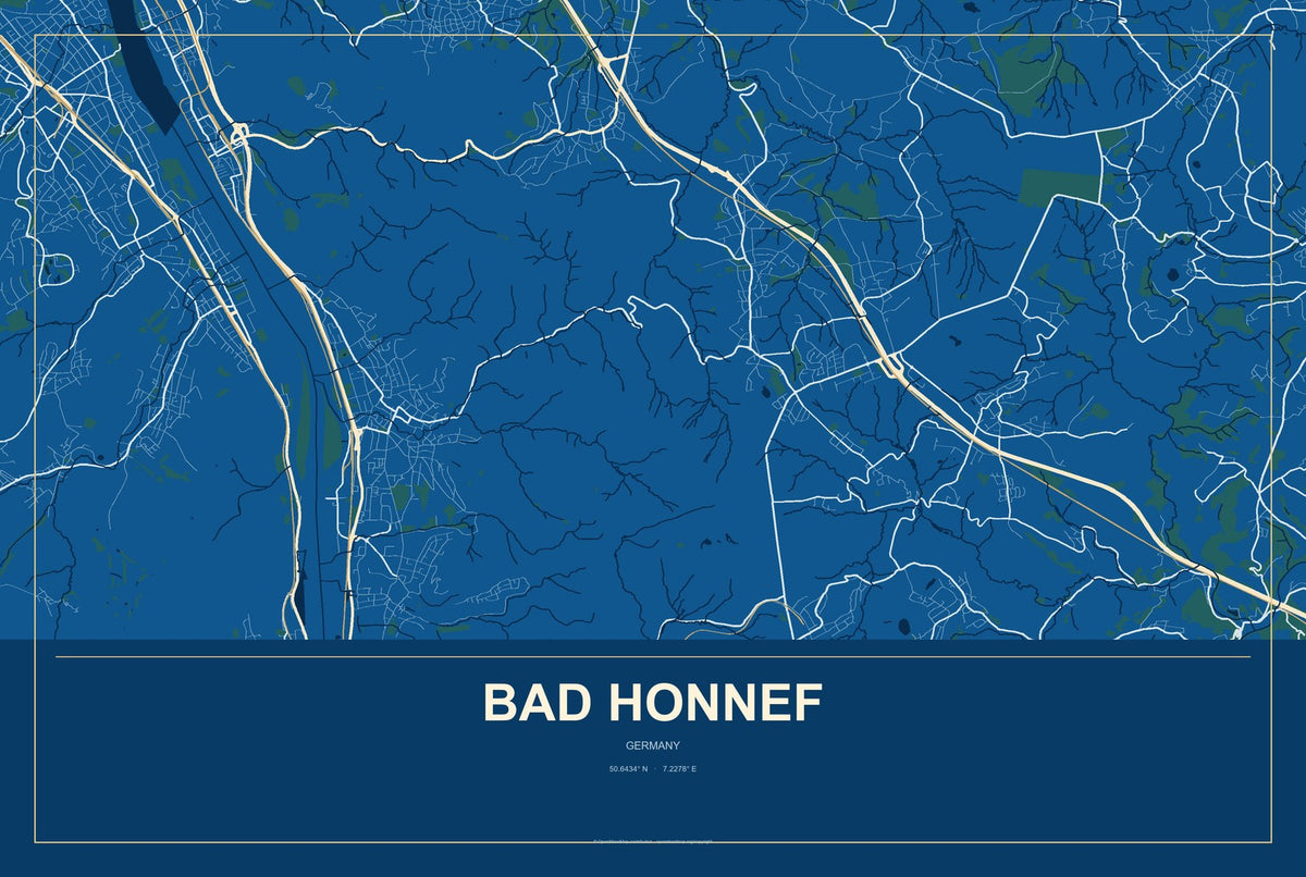 Bad Honnef, Germany City Map Aluminum Sign in Harbor Cobalt style