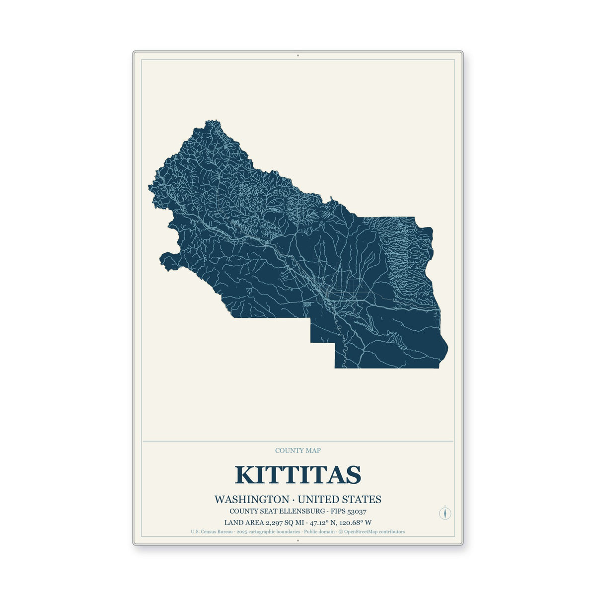 Kittitas County, Washington Map Aluminum Sign in Coastal Cutout style
