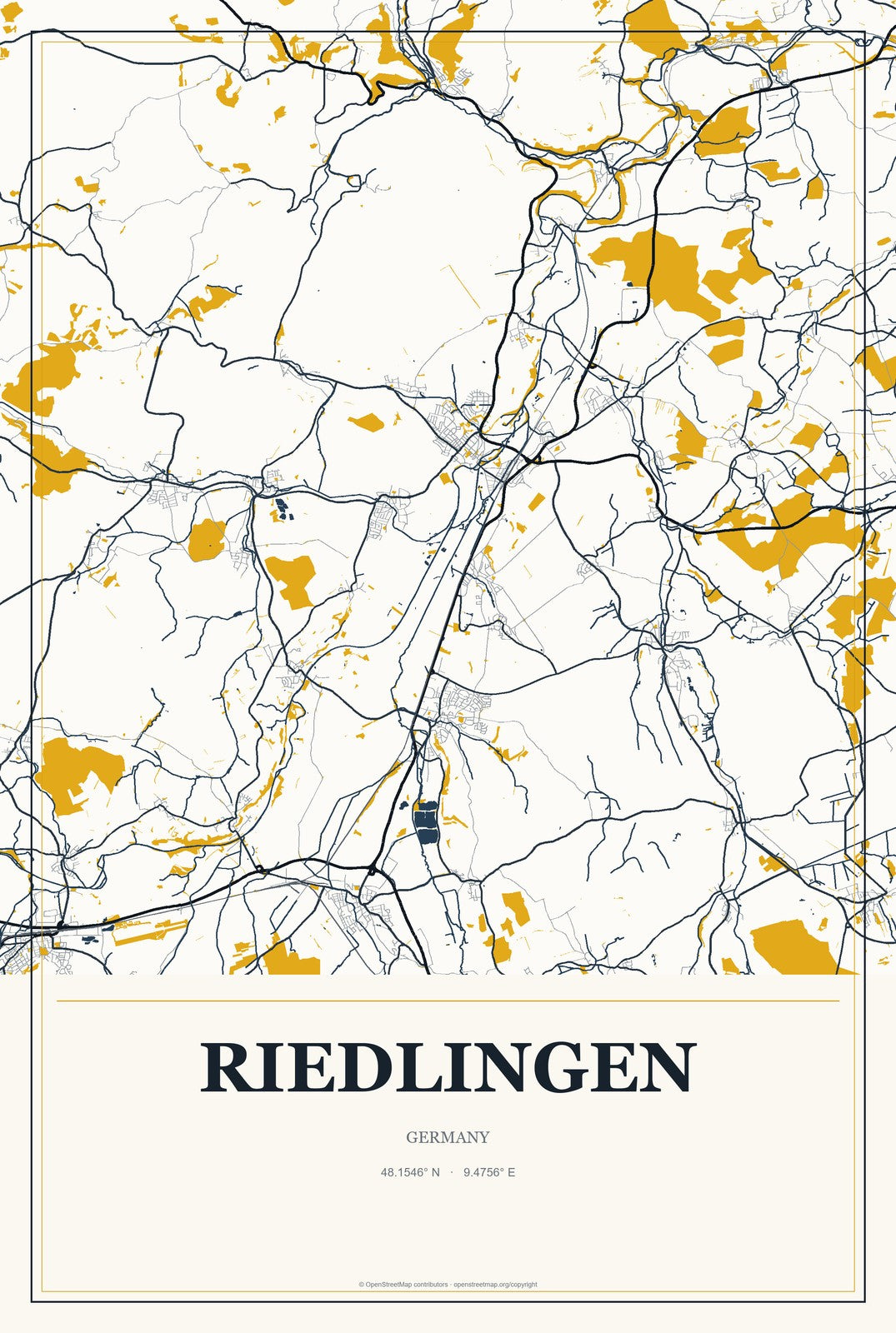 Riedlingen, Germany City Map Aluminum Sign in Citrine Modern style