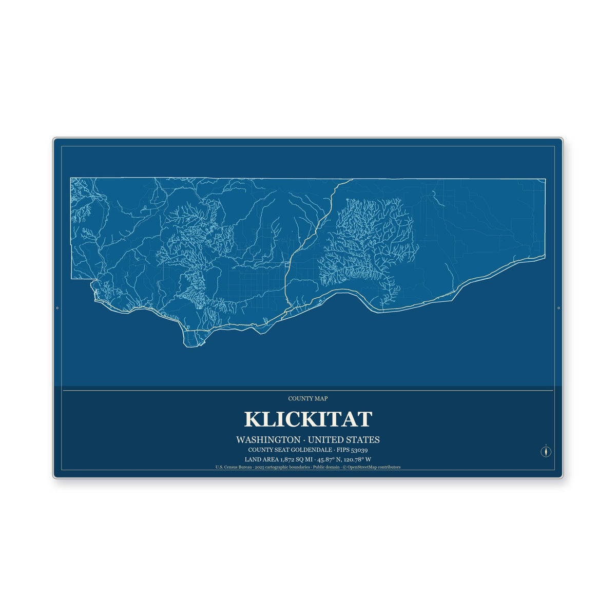 Klickitat County, Washington Map Aluminum Sign in Harbor Cobalt style