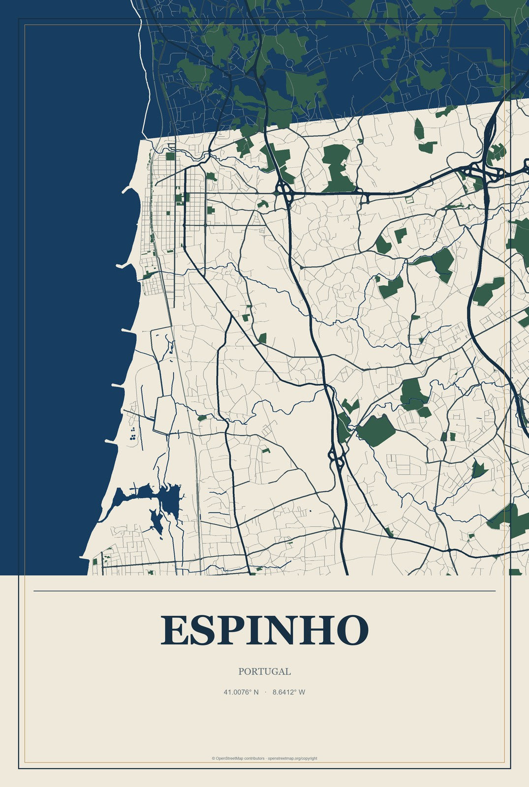 Espinho, Portugal City Map Aluminum Sign in Coastal Cutout style