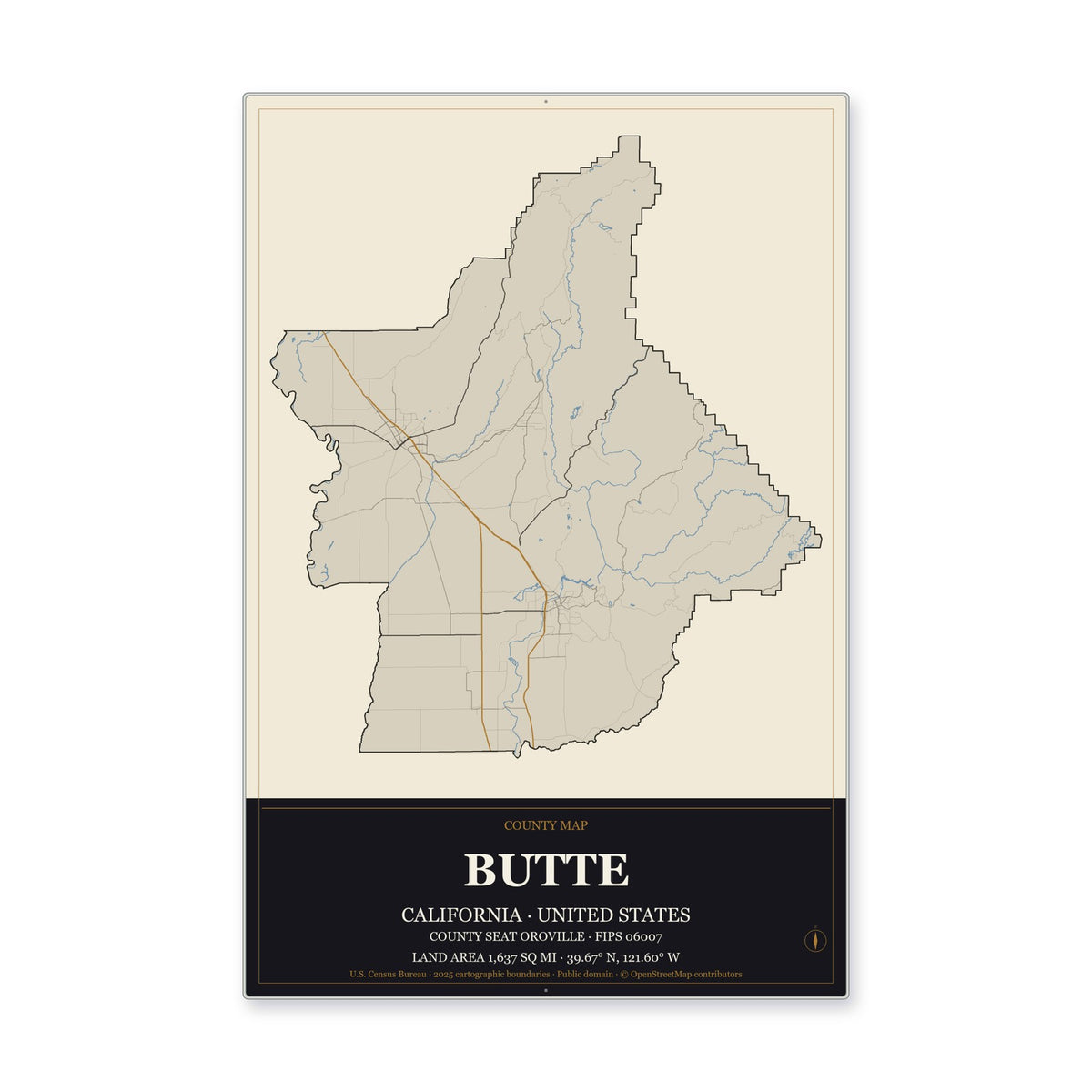 Butte County, California Map Aluminum Sign in Museum Plaque style