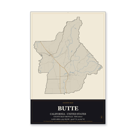Butte County, California Map Aluminum Sign in Museum Plaque style