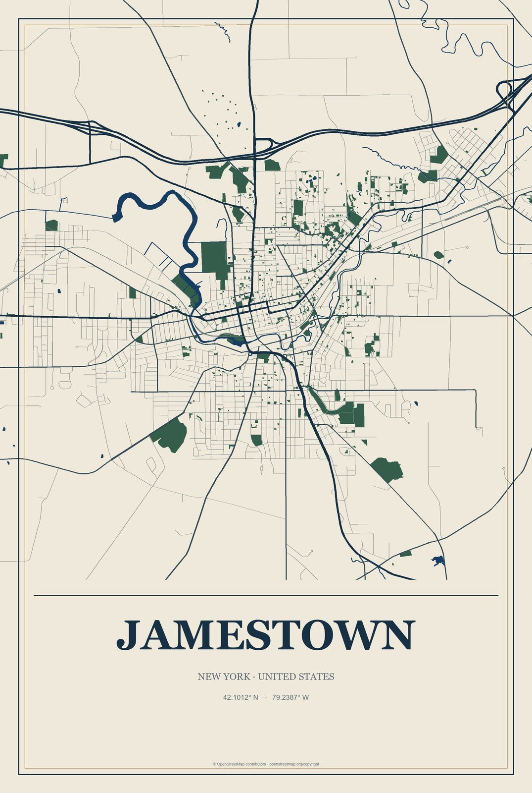 Jamestown, New York City Map Aluminum Sign in Coastal Cutout style