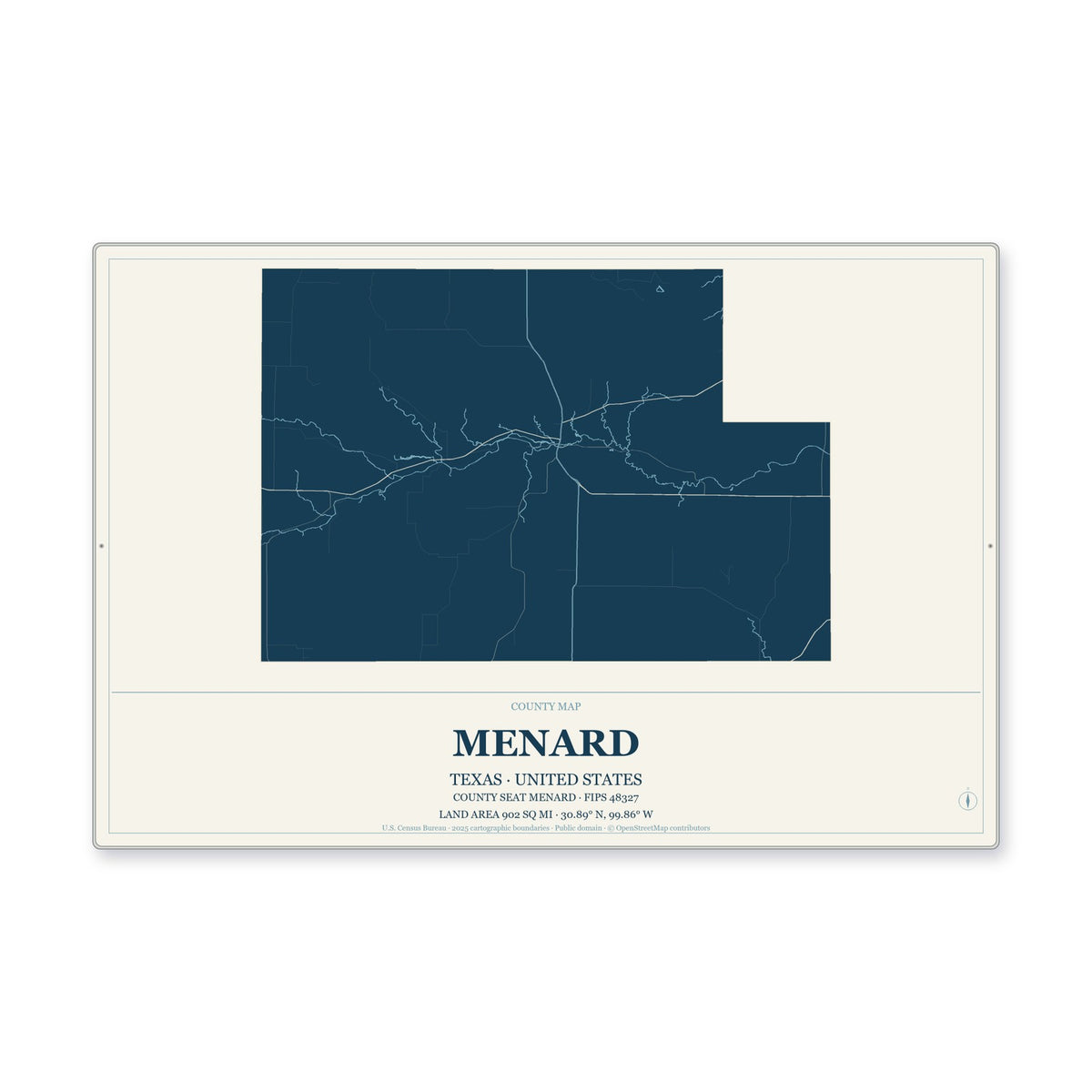 Menard County, Texas Map Aluminum Sign in Coastal Cutout style