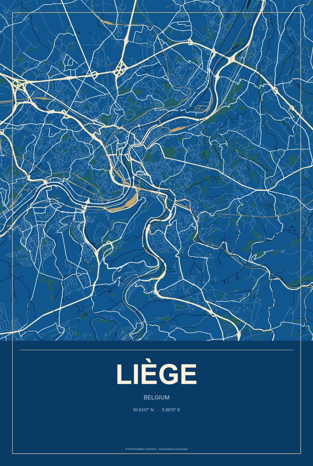 Liège, Belgium City Map Aluminum Sign in Harbor Cobalt style
