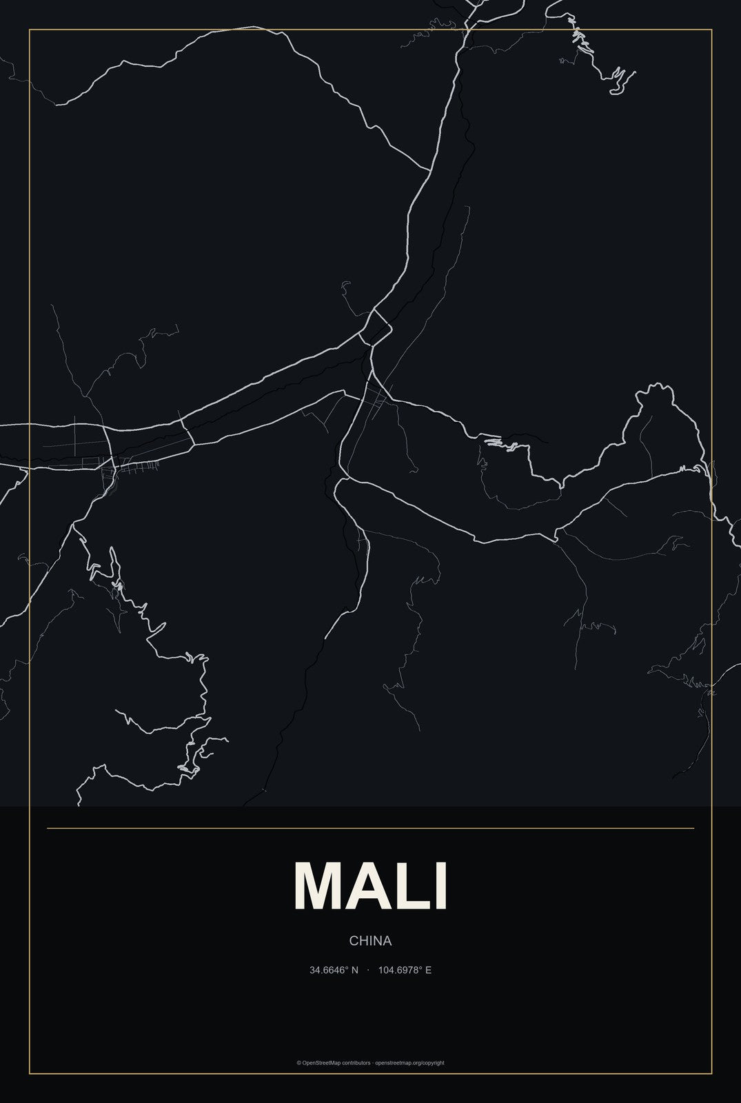 Mali, China City Map Aluminum Sign in Metropolitan Noir style
