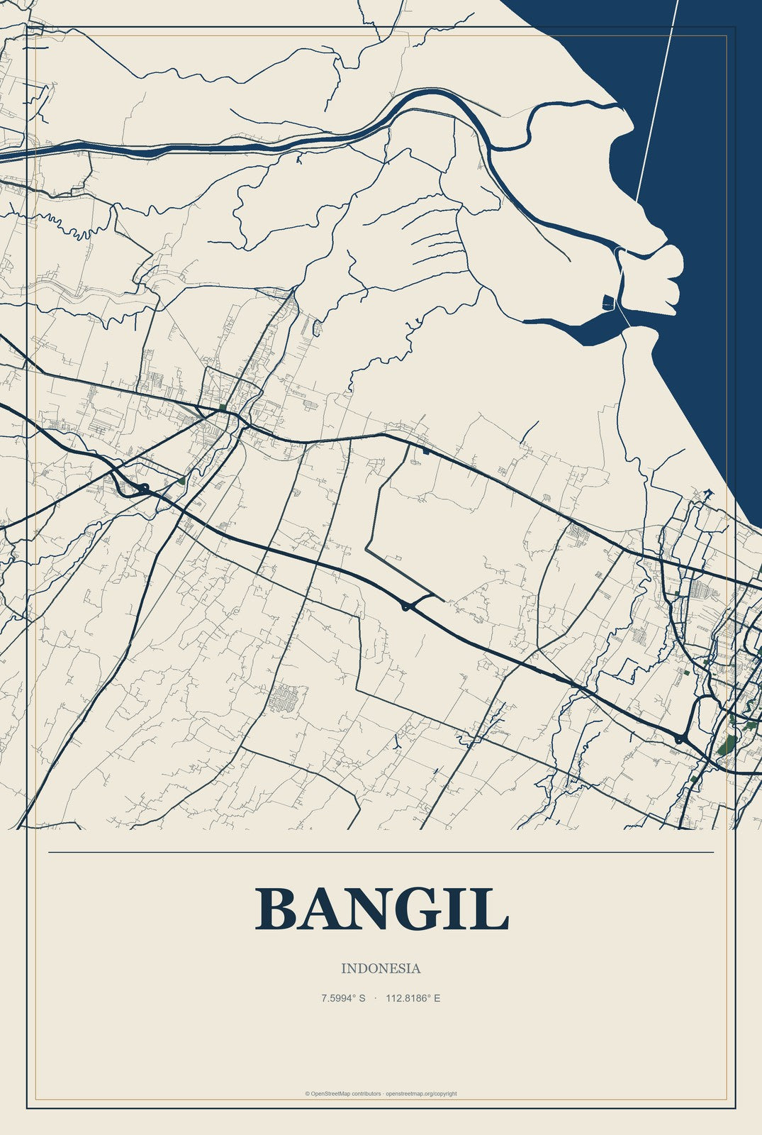 Bangil, Indonesia City Map Aluminum Sign in Coastal Cutout style
