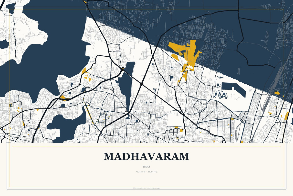 Madhavaram, India City Map Aluminum Sign in Citrine Modern style