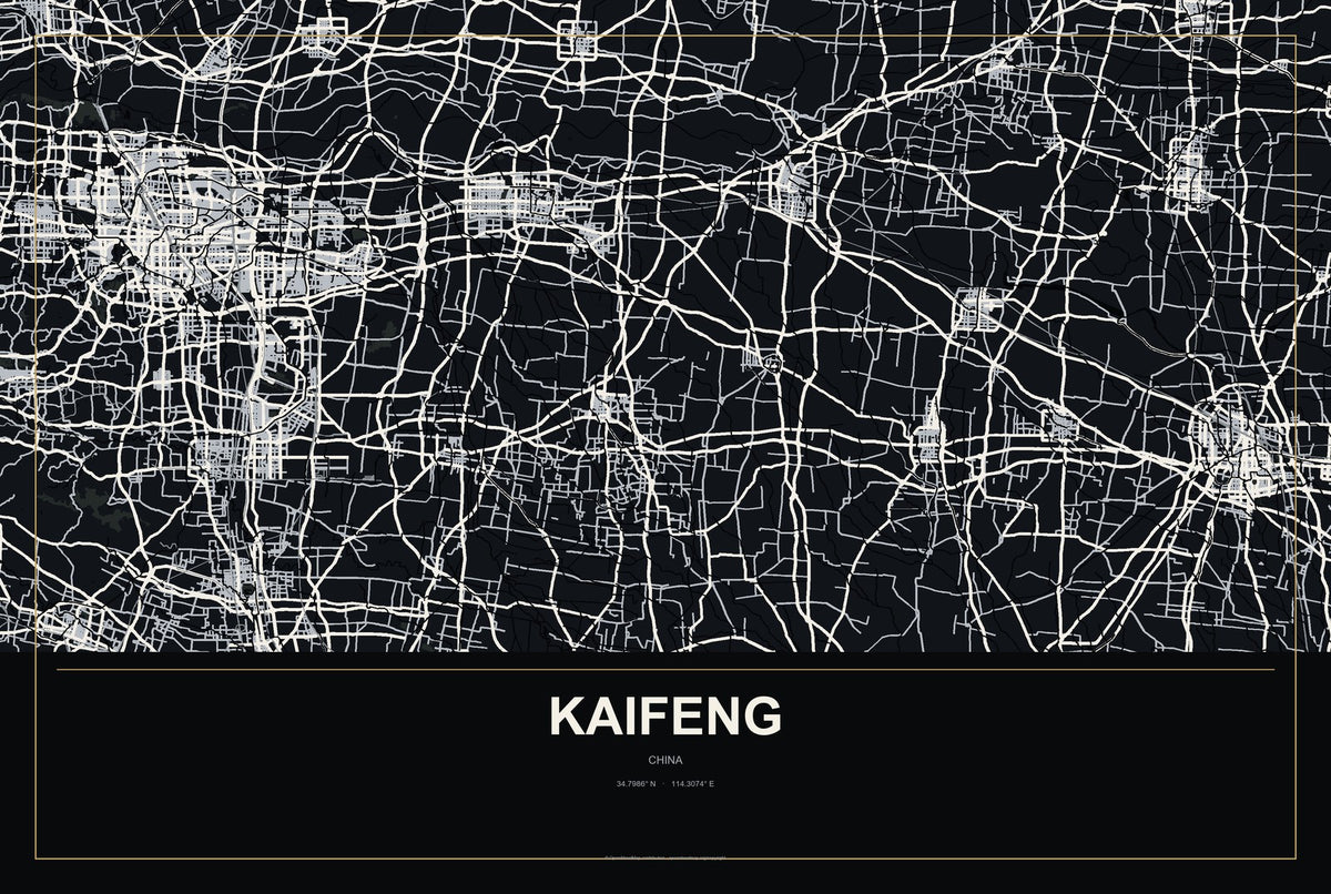 Kaifeng, China City Map Aluminum Sign in Metropolitan Noir style