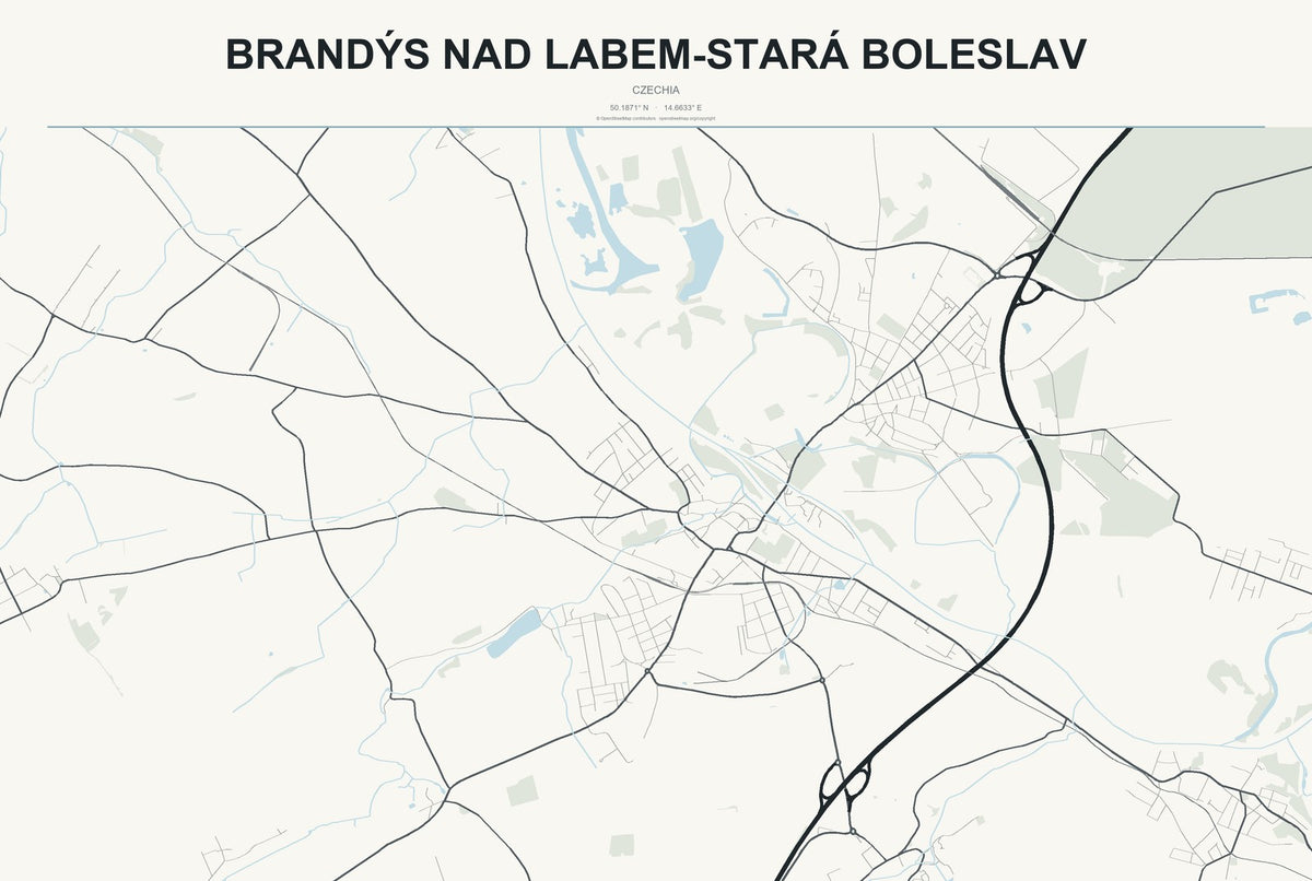 Brandýs nad Labem-Stará Boleslav, Czechia City Map Aluminum Sign in Headline Atlas style