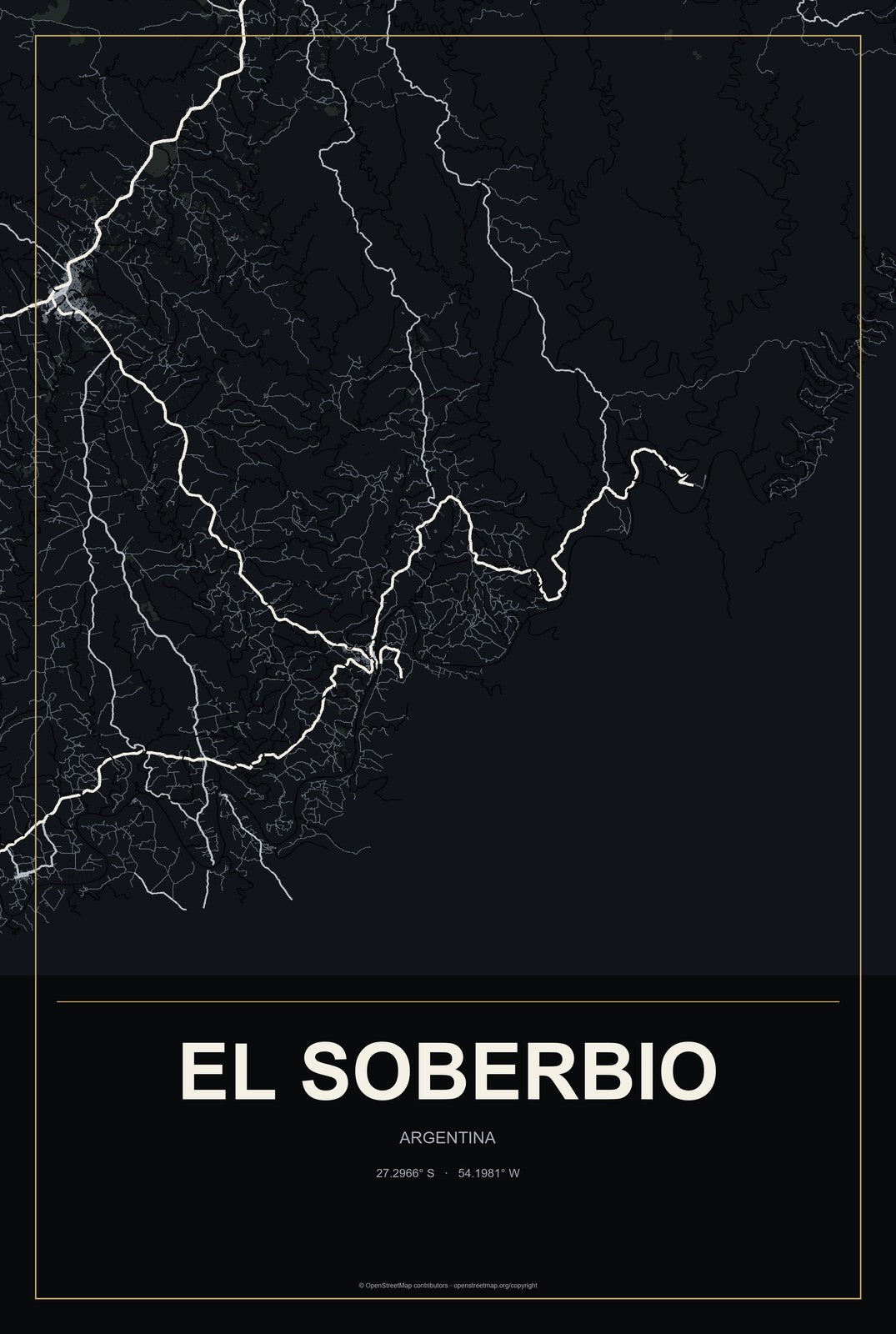 El Soberbio, Argentina City Map Aluminum Sign in Metropolitan Noir style