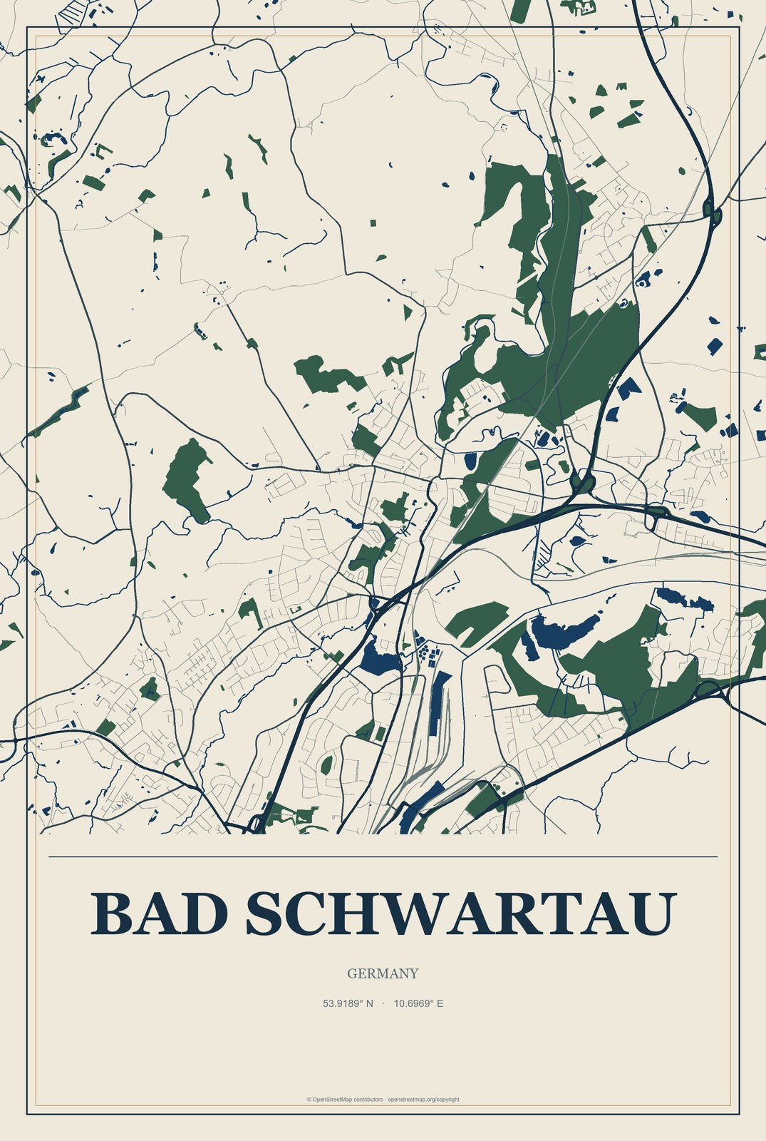 Bad Schwartau, Germany City Map Aluminum Sign in Coastal Cutout style