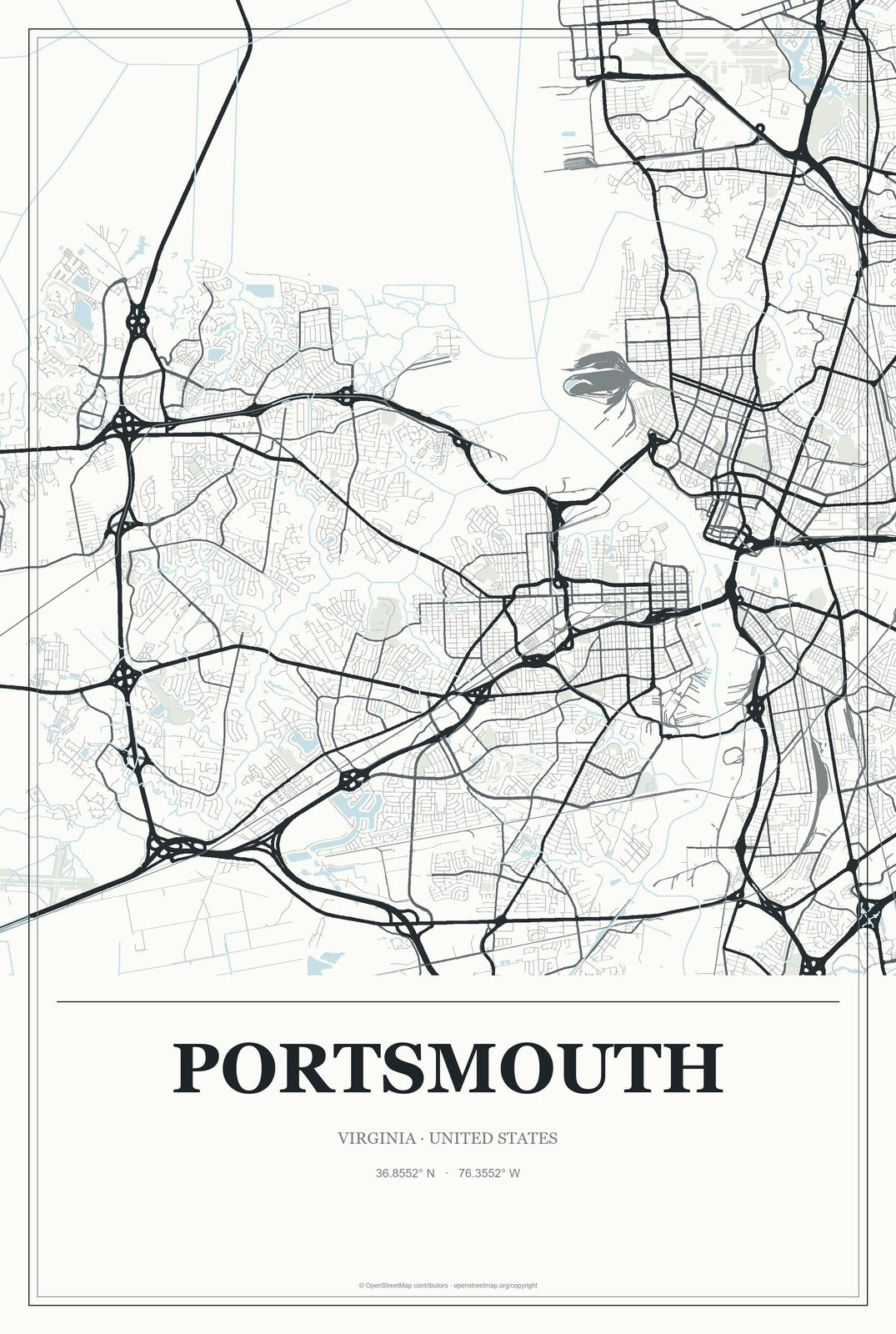 Portsmouth, Virginia City Map Aluminum Sign in Gallery Air style