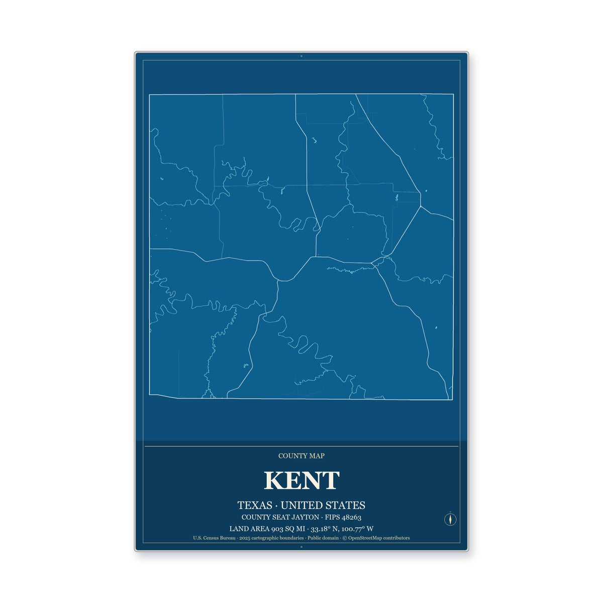 Kent County, Texas Map Aluminum Sign in Harbor Cobalt style