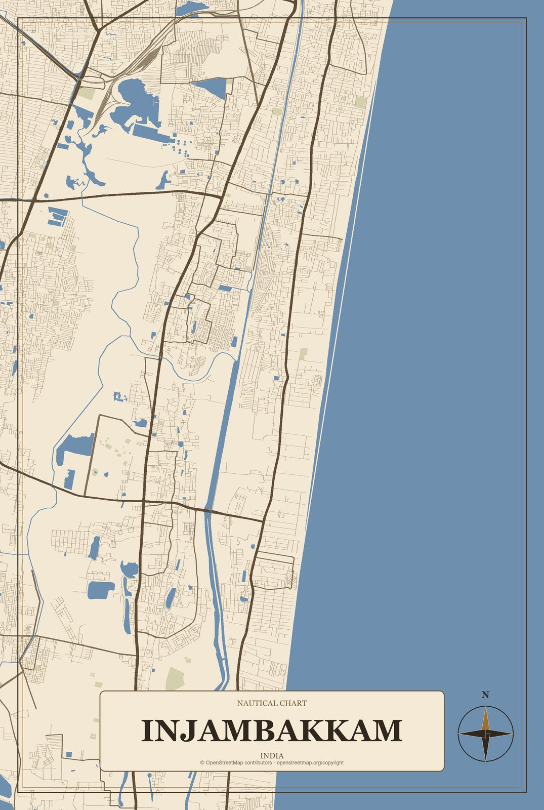 Injambakkam, India City Map Aluminum Sign in Heritage Nautical style