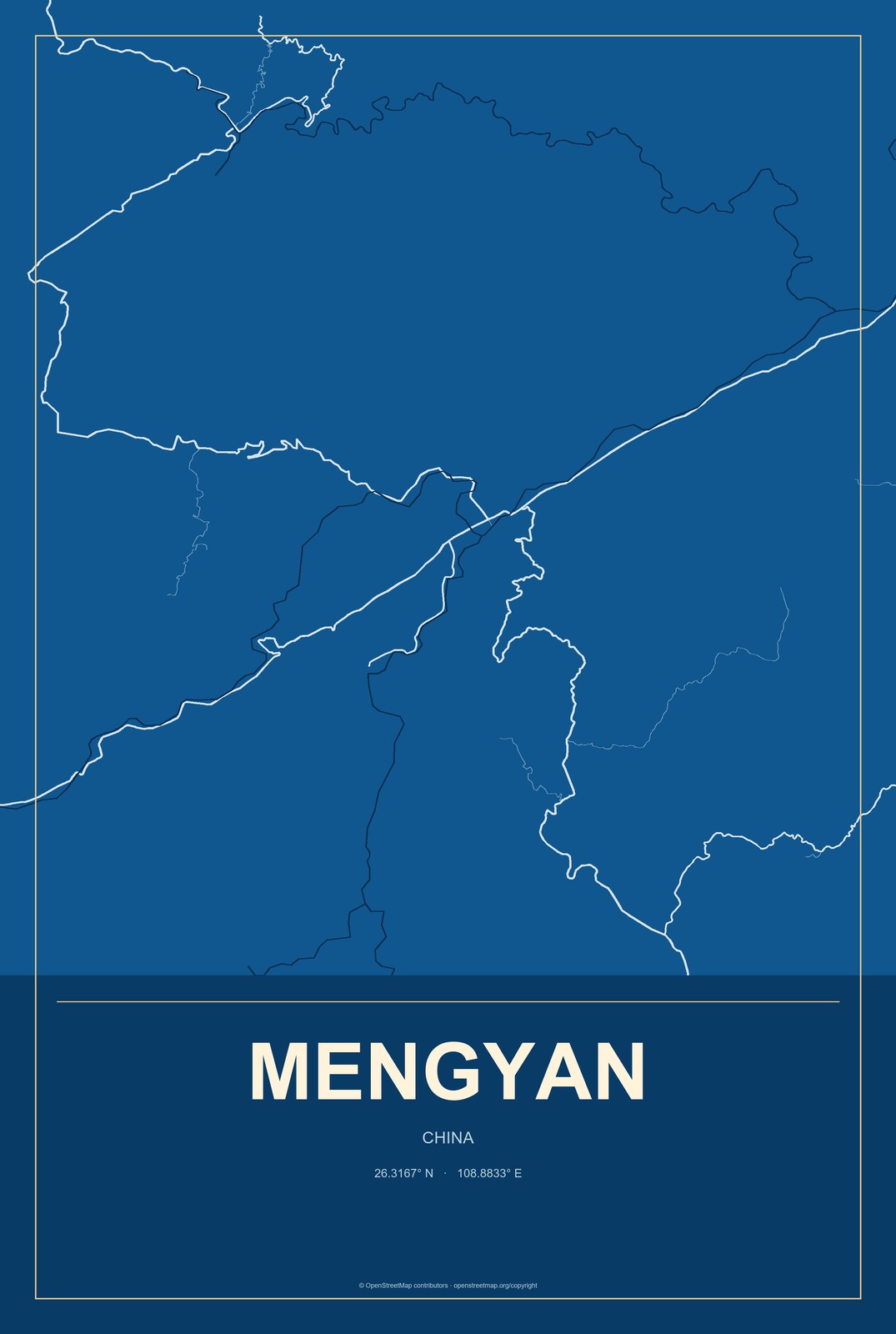 Mengyan, China City Map Aluminum Sign in Harbor Cobalt style