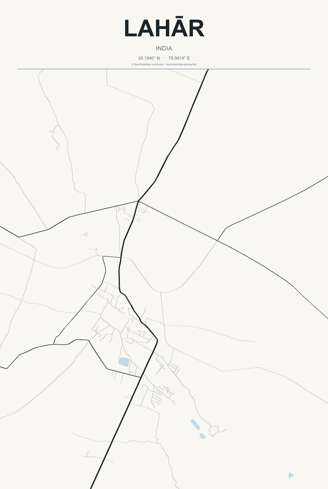 Lahār, India City Map Aluminum Sign in Headline Atlas style