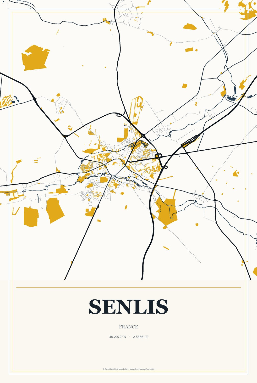 Senlis, France City Map Aluminum Sign in Citrine Modern style