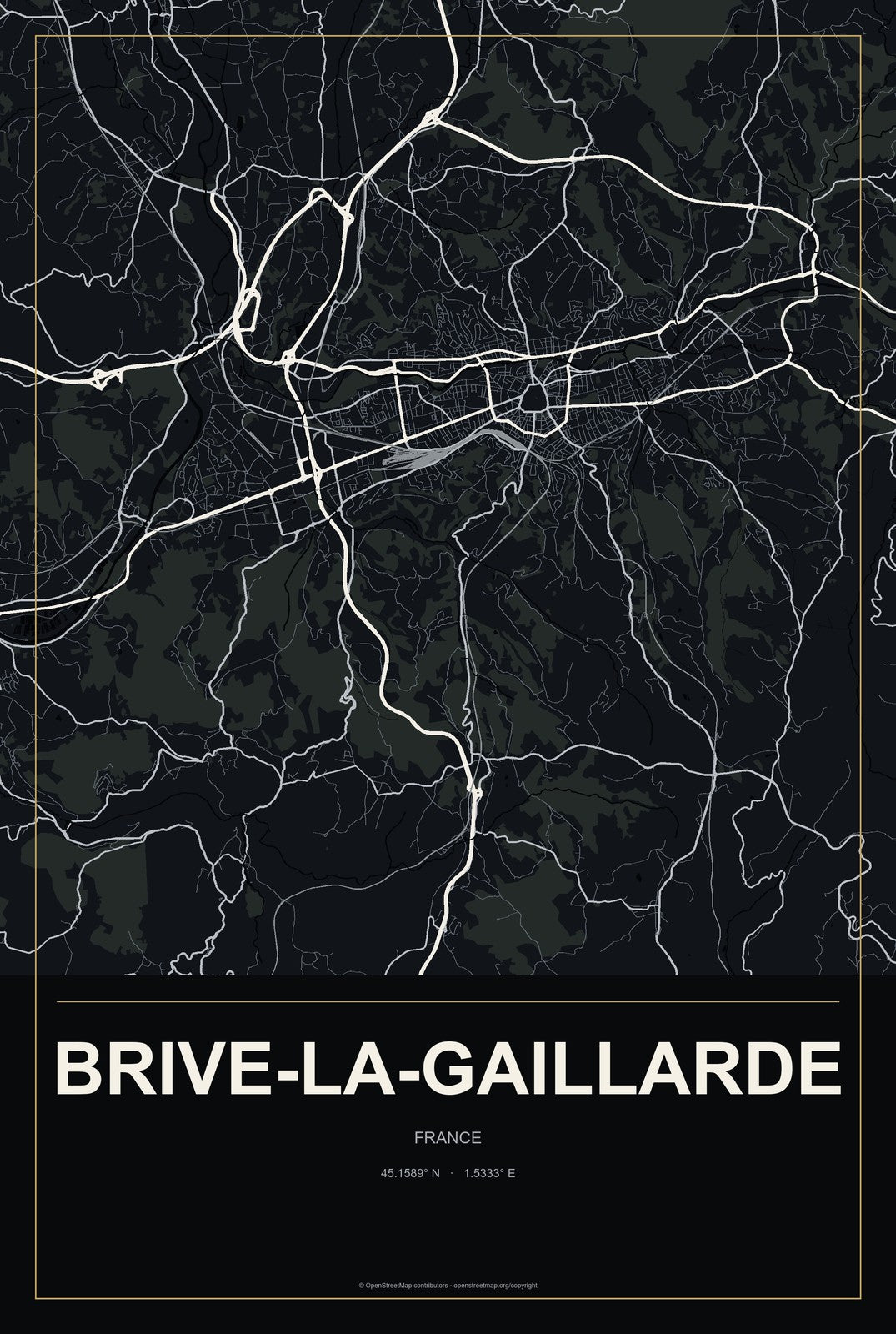Brive-la-Gaillarde, France City Map Aluminum Sign in Metropolitan Noir style