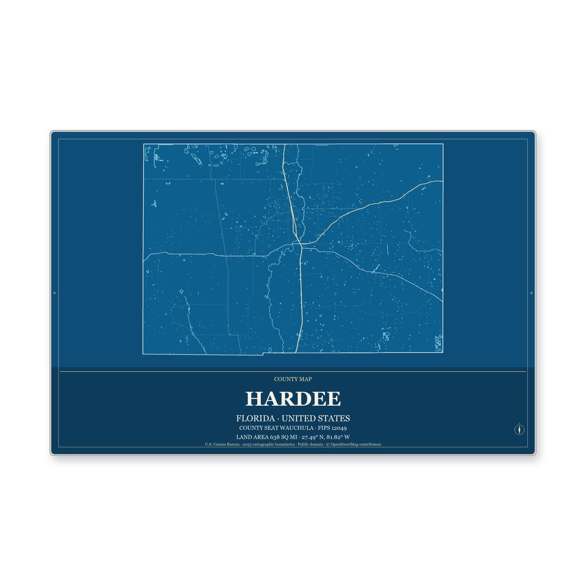 Hardee County, Florida Map Aluminum Sign in Harbor Cobalt style
