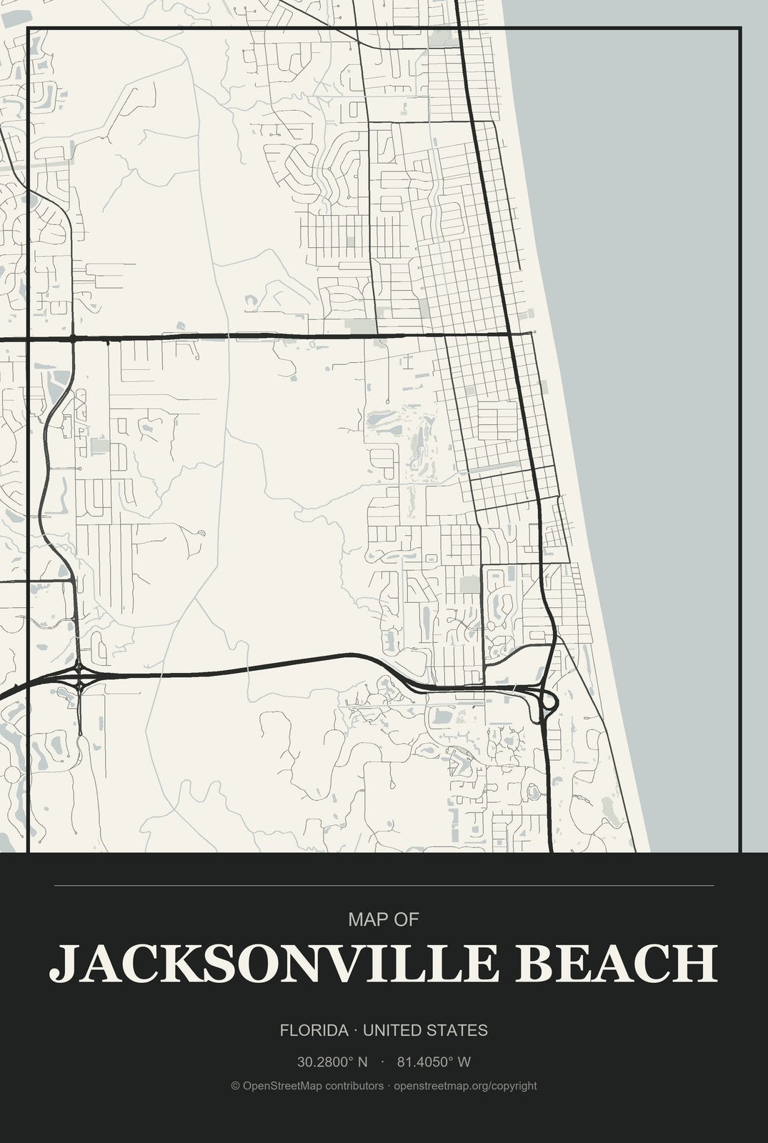 Jacksonville Beach, Florida City Map Aluminum Sign in Museum Plaque style