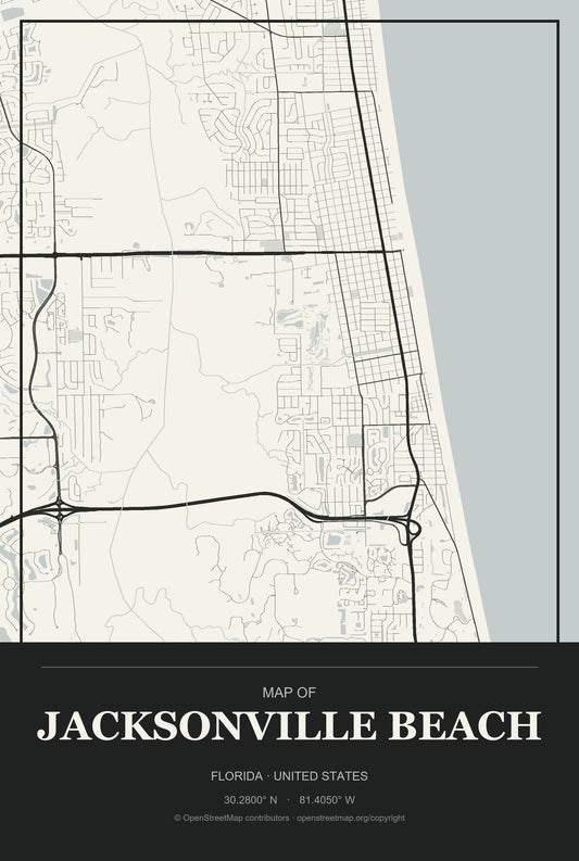 Jacksonville Beach, Florida City Map Aluminum Sign in Museum Plaque style