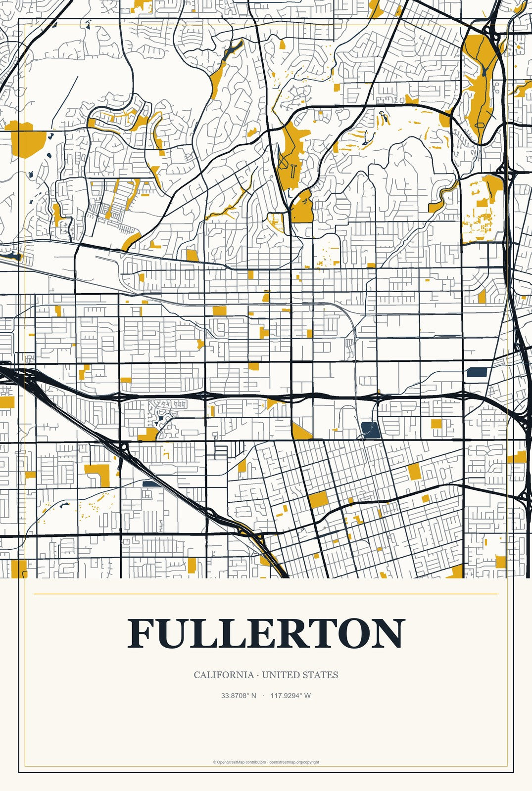Fullerton, California City Map Aluminum Sign in Citrine Modern style