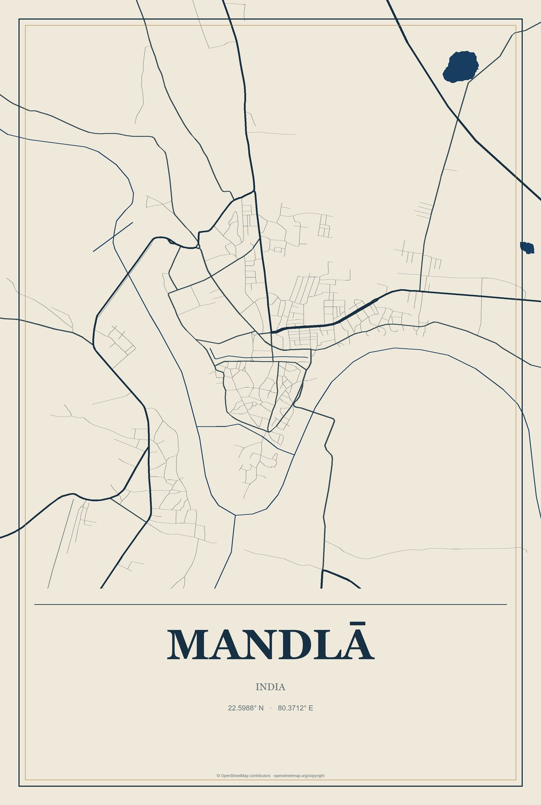 Mandlā, India City Map Aluminum Sign in Coastal Cutout style
