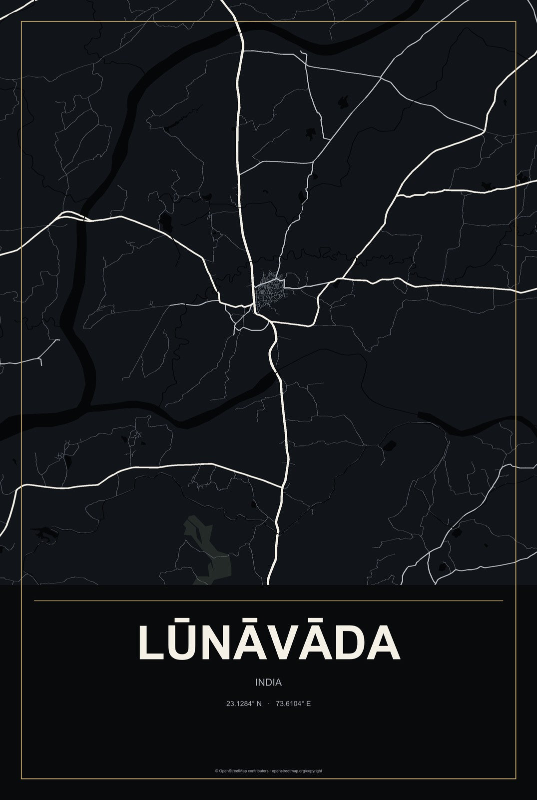Lūnāvāda, India City Map Aluminum Sign in Metropolitan Noir style