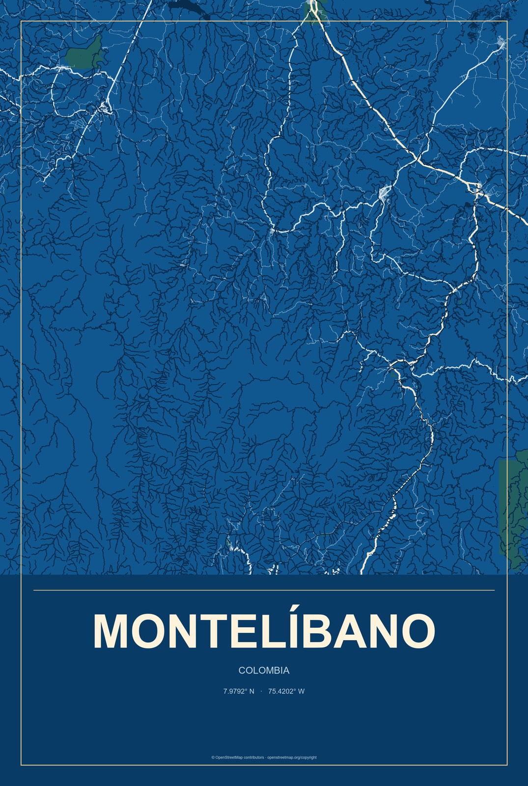 Montelíbano, Colombia City Map Aluminum Sign in Harbor Cobalt style