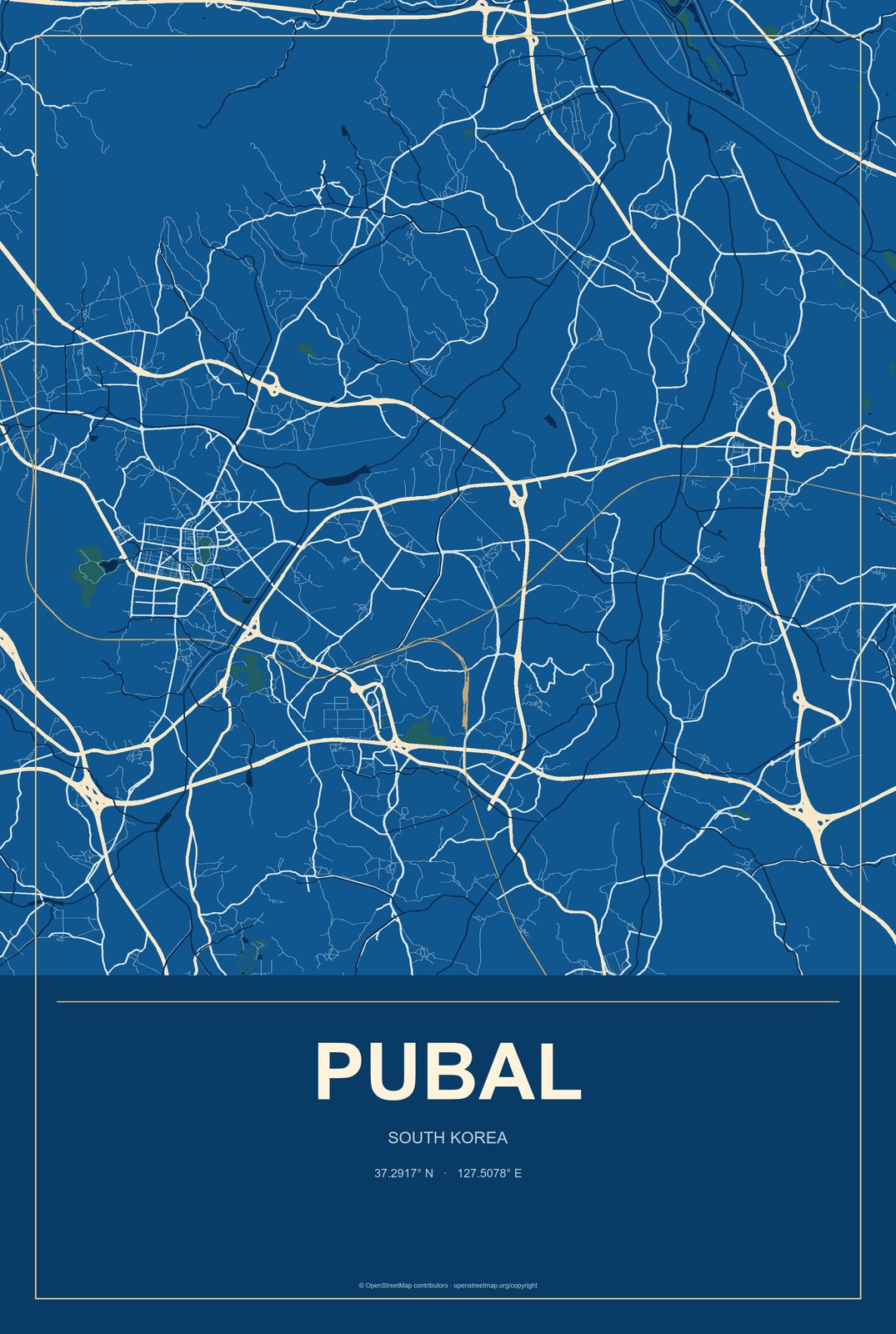 Pubal, South Korea City Map Aluminum Sign in Harbor Cobalt style