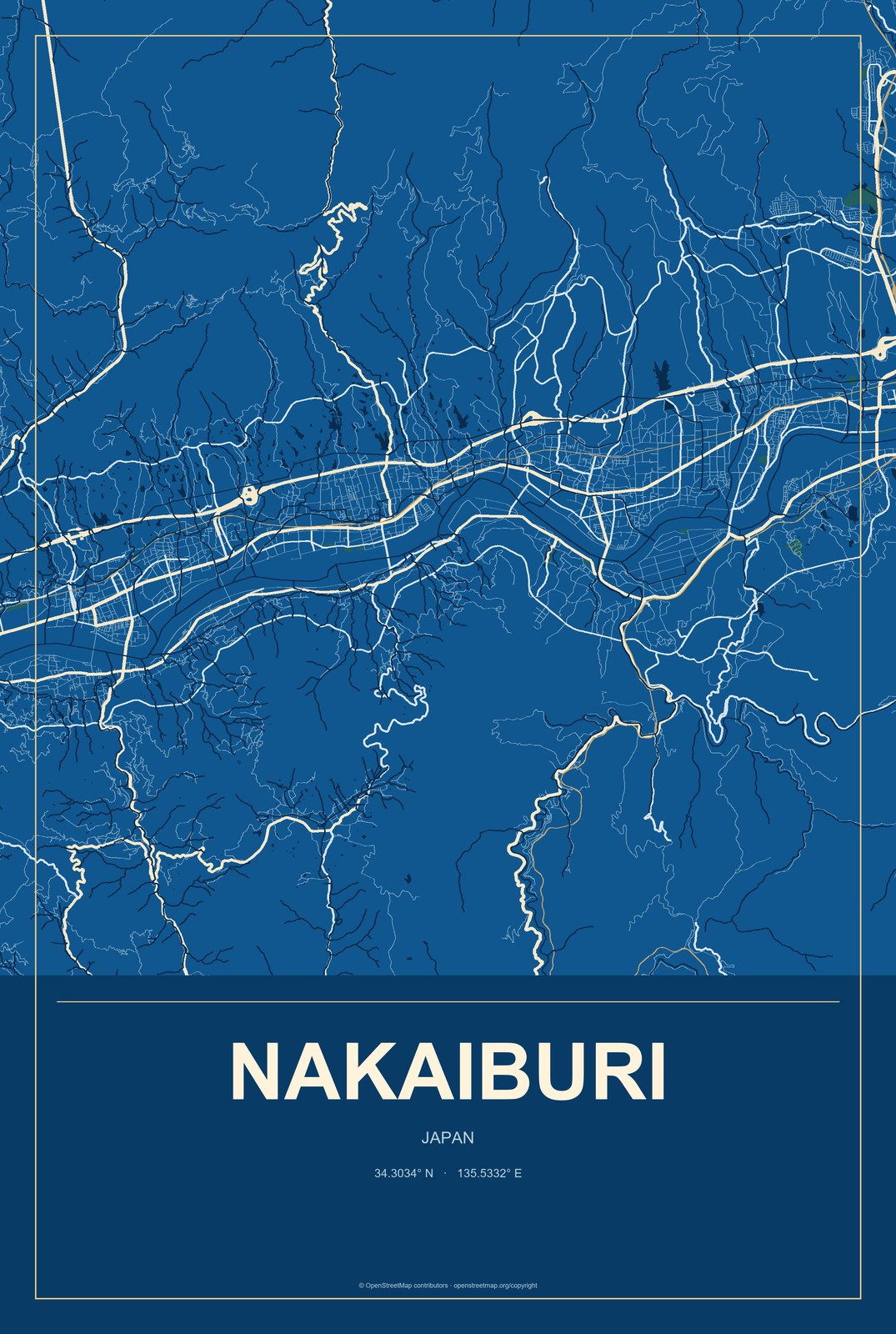 Nakaiburi, Japan City Map Aluminum Sign in Harbor Cobalt style