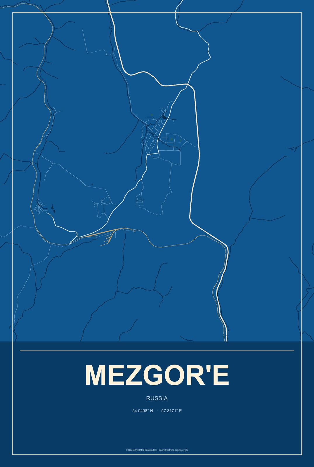 Mezgor'e, Russia City Map Aluminum Sign in Harbor Cobalt style
