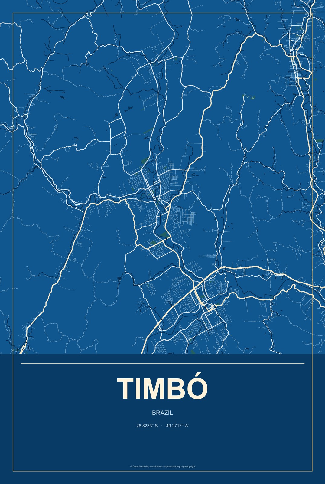 Timbó, Brazil City Map Aluminum Sign in Harbor Cobalt style
