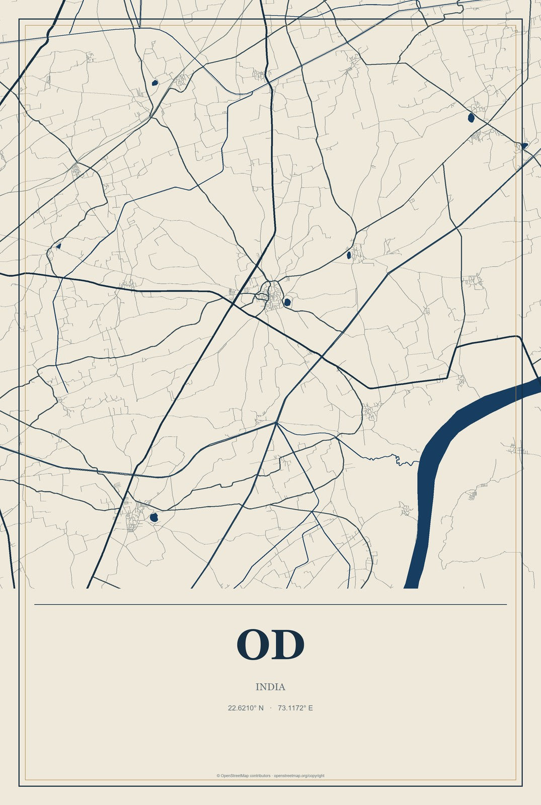 Od, India City Map Aluminum Sign in Coastal Cutout style