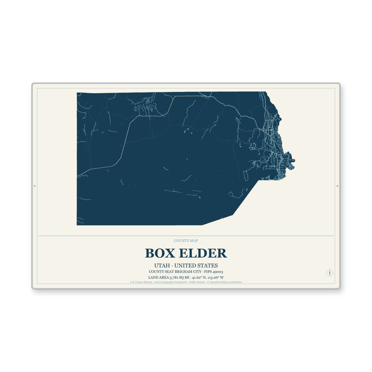 Box Elder County, Utah Map Aluminum Sign in Coastal Cutout style