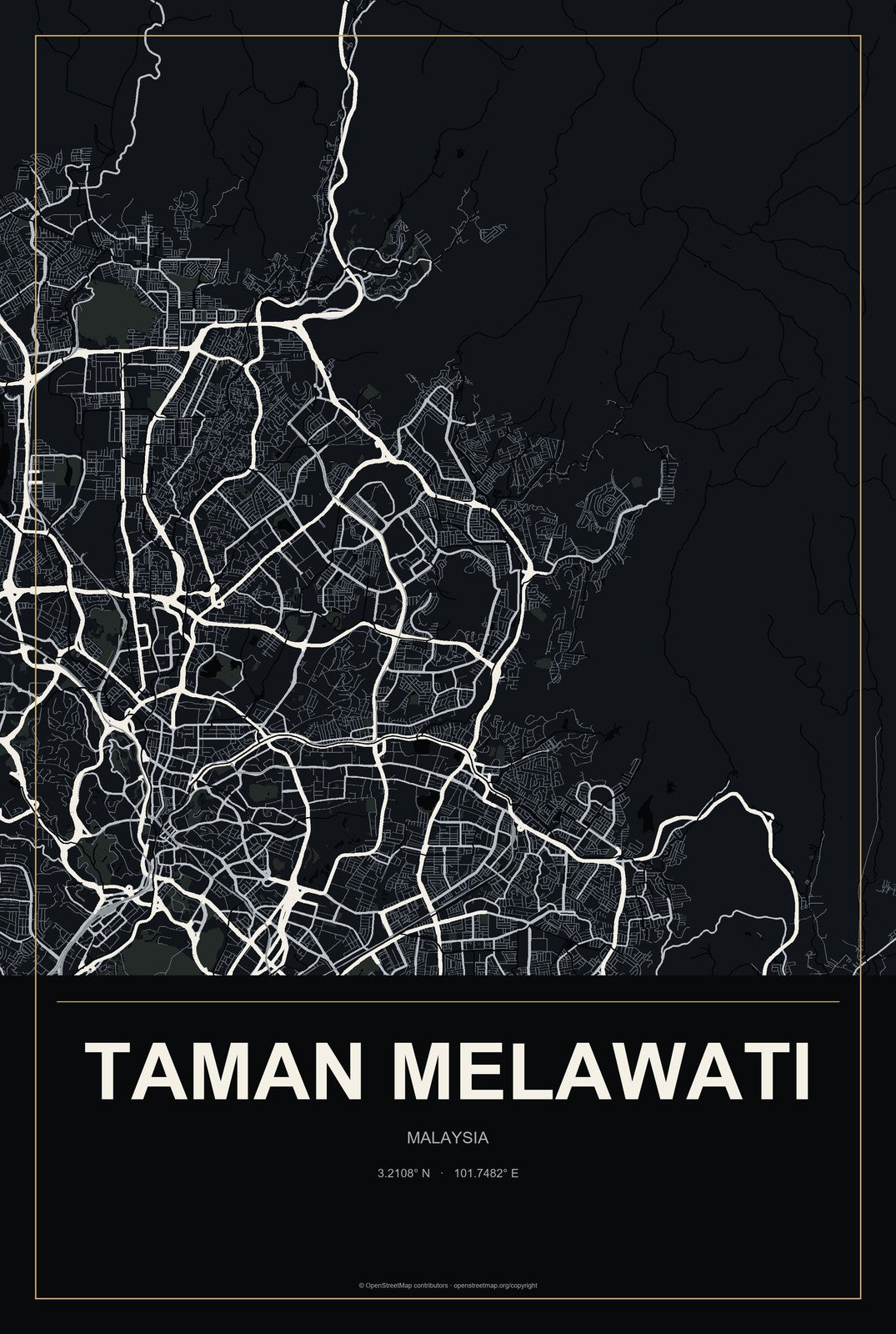 Taman Melawati, Malaysia City Map Aluminum Sign in Metropolitan Noir style