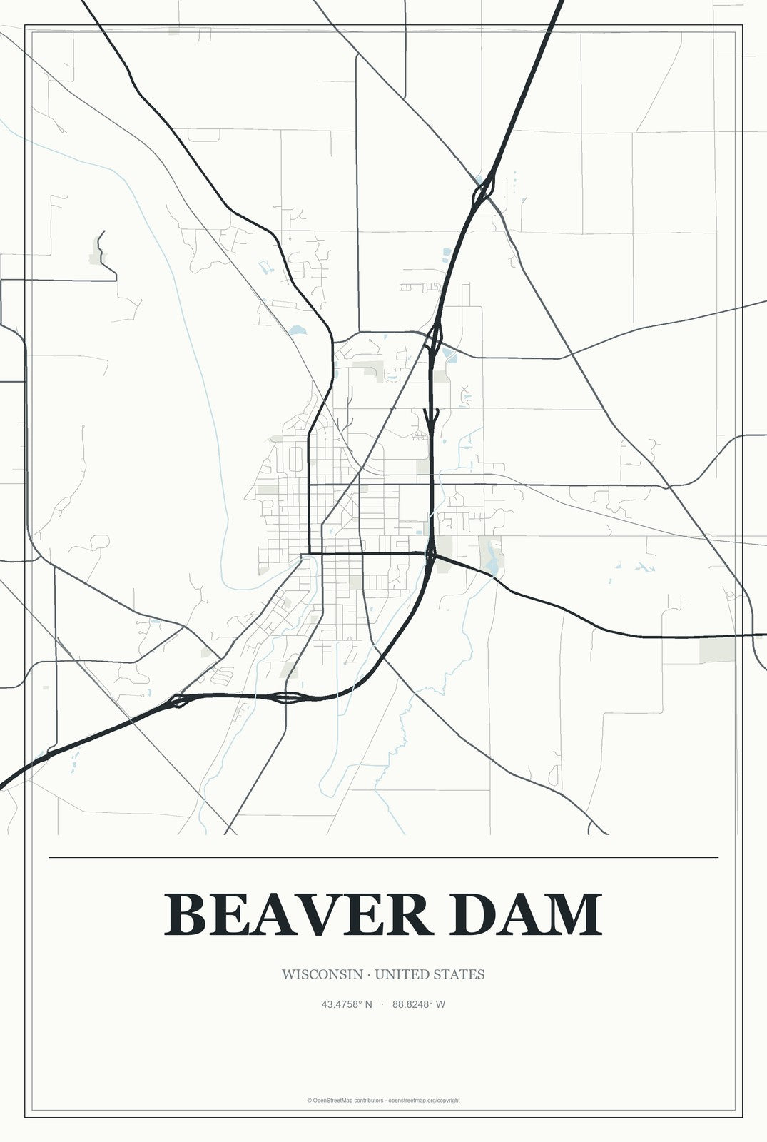 Beaver Dam, Wisconsin City Map Aluminum Sign in Gallery Air style