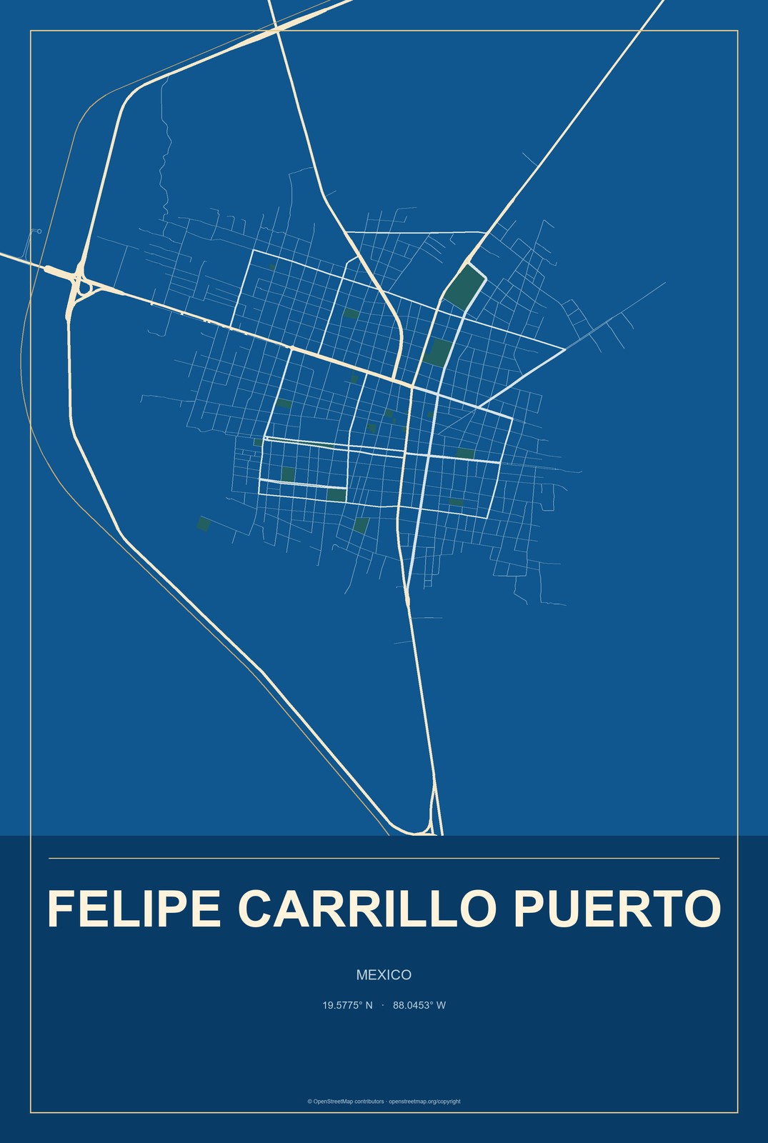 Felipe Carrillo Puerto, Quintana Roo, Mexico City Map Aluminum Sign in Harbor Cobalt style