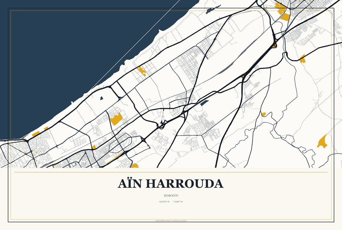 Aïn Harrouda, Morocco City Map Aluminum Sign in Citrine Modern style