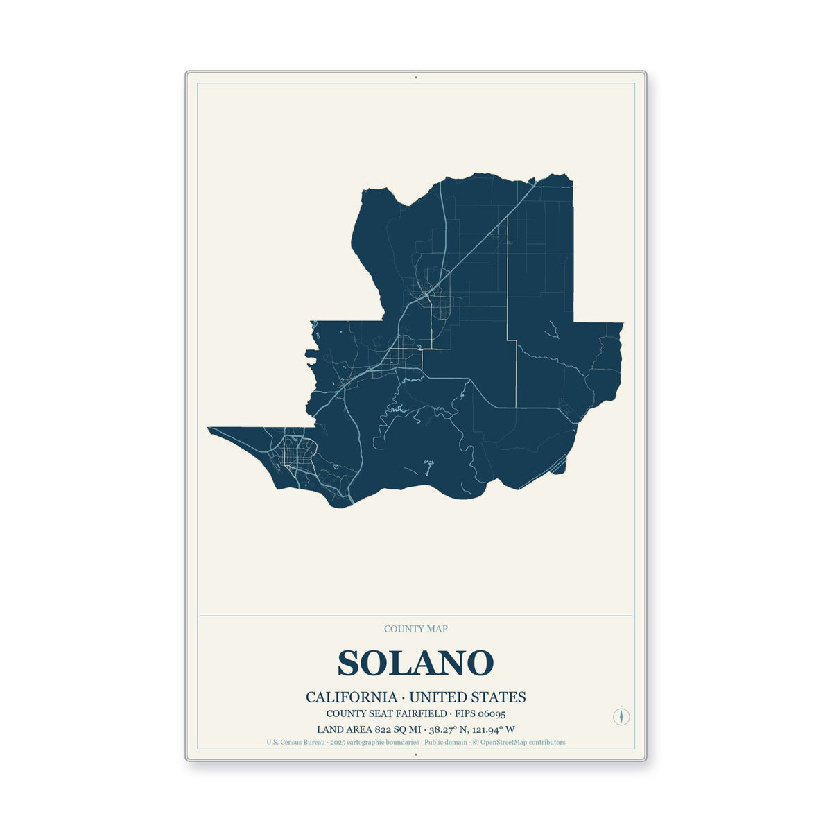 Solano County, California Map Aluminum Sign in Coastal Cutout style