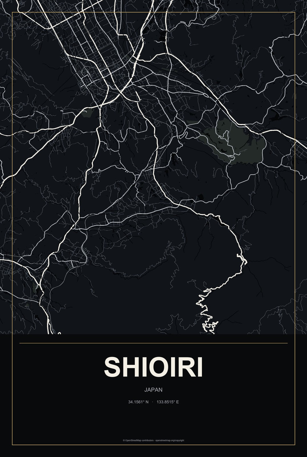 Shioiri, Japan City Map Aluminum Sign in Metropolitan Noir style